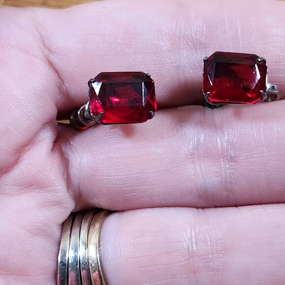 Antique Emerald Cut Ruby Non Pierced Earrings Sterling Silver - Picture 2 of 7